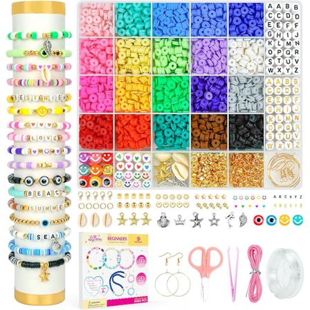 5000 stk leireperler armbåndssett for nybegynnere, Heishi flate preppy polymerleireperler med charmssett for smykkefremstilling, DIY