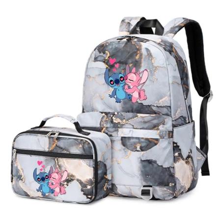 2 st Disney Lilo Stitch Multi Pocket Ryggsäck med Lunch Bag Ryggsäck Casual Skolväska för Kvinnor Student Tonåringar Set 017