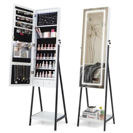 COSTWAY Fritstående smykkeskab - spejl i fuld længde, 3 farve LED-lys, berøringskontakt, låsbar dør - hvid