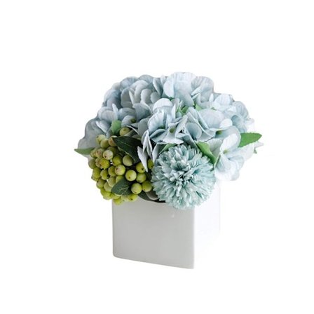 Kunstige pæonblomster i keramisk vase, kunstige hortensia blomsterarrangementer til boligindretning kunstige blomster med vase (blå)