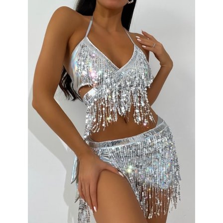 Paljettskjørt med frynser, magedans, hoftekjole, rave-festdrakt, glitrende skjørt