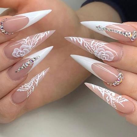24pcs Rose Print S Nails Långt Spetsigt Huvud Konstgjorda Naglar Paj