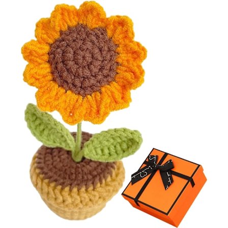 Virkatut auringonkukkaruukkukukat, pieni keinotekoinen kukkaruukku käsin neulottu kukkaruukku, kotiin toimistoon työpöydälle auton koristeeksi