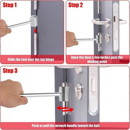 Gångjärnsjusteringsnyckel, verktyg för justering av ståldörrsgångjärn