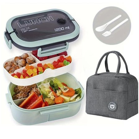 1200ml Lunch Box with Invisible Handle, Equipped with a Green Cooler Bag