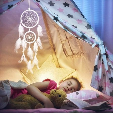 Hvid fjer drømmefanger, stor drømmefanger med 2 cirkler til soveværelse hjem dekoration væg hængende mobil dekorative piger børn gave