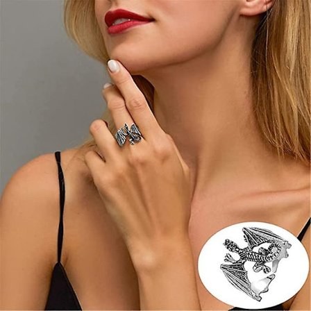 Wabjtam Kreativ gotisk Halloween-ring Öppen vinge Retro prydnadsring Drakringar, unisex, (silver, One Size)