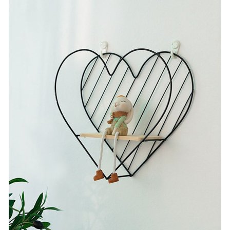 Vægmonteret metalhylde, sort, flydende træhylder, hjerteformet industrihylde, vægdekoration, soveværelse, badeværelse, familiegave