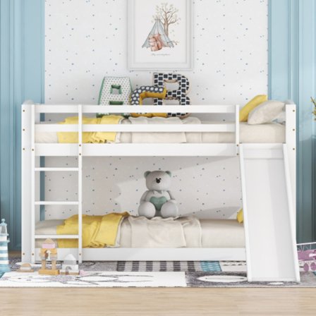 Våningssäng 90x200cm för barn & tonåringar, med rutschkana & massiv träram, enkel att montera, vit