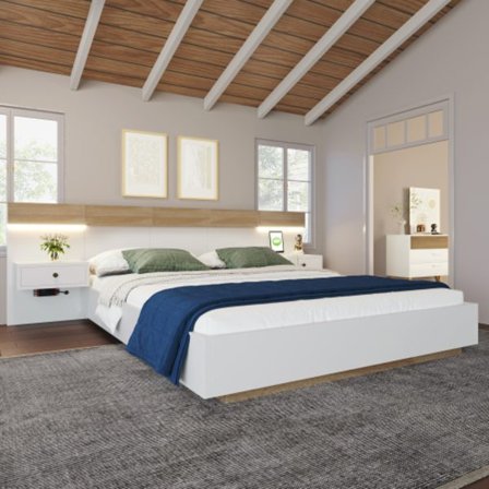 Dubbelsäng med 2 LED-nattduksbord & USB C-uttag 180 x 200 cm träsäng inkl. 2 sängbord Komplett--205x284x90.5