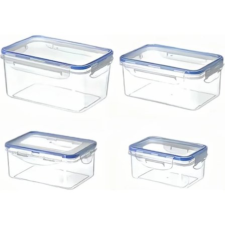 4-delt madopbevaringsbeholder med låg, giftfri, BPA-fri med 4 låseflapper, kan opvarmes og nedkøles. Tåler mikroovn, opvaskemaskine og fryser.