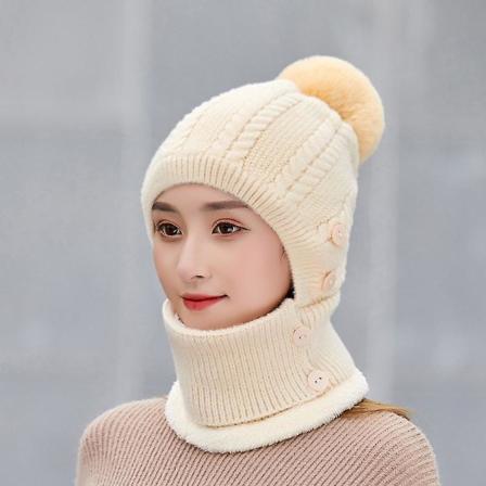Fleece-fôret damelue strikket lue, vinter skjerf maske sett for kvinner, jenter varm lue ørevarmere lue med dusk Beige