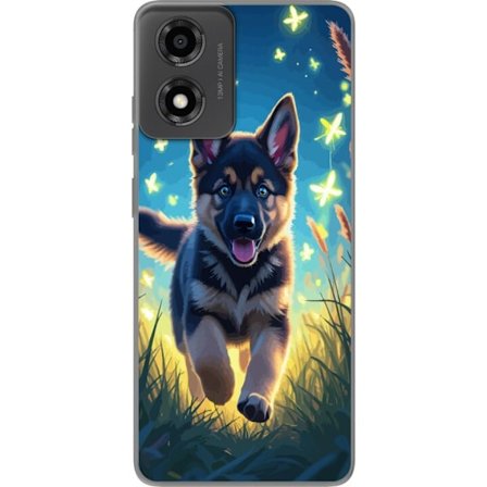 Kompatibelt Mobilskal till Motorola Moto E14 Tysk schäfer valp affisch valp hund hoppar äng fjärilar söt hund illustration blå nattkonst