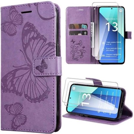 Coque - E.F.Connection - til Xiaomi Redmi Note 13 4G - Lilla - Lædereffekt - Sommerfuglemønster - med 2 hærdede glas