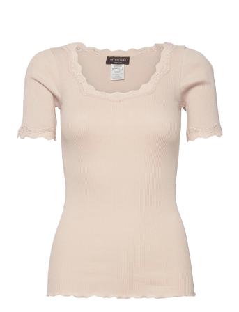 Organic T-Shirt W/ Lace T-shirts & Tops Short-sleeved Beige Rosemunde
