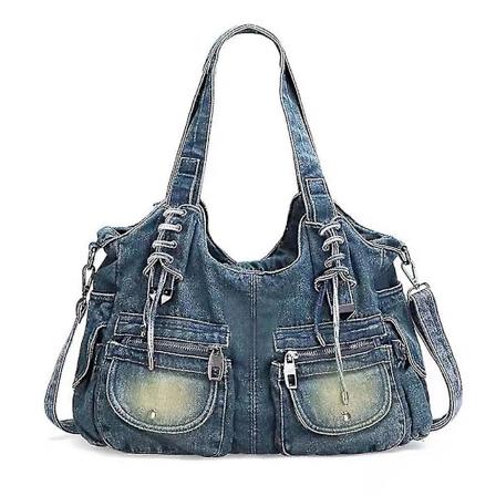 Jeansväska i denim med stor kapacitet, fickor med dragkedja, jeansväska