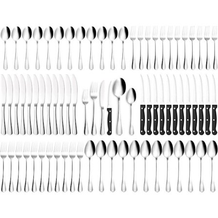 (Farge: 72 deler/sølv) Servisesett for 12 personer, 72 deler bestikksett i rustfritt stål med biffkniv, polert og oppvaskmaskinsikkert, husholdning