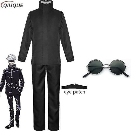 2023 Anime Jujutsu Kaisen Gojo Satoru Cosplay Kostyme Topper Bukser Øyeplaster Halloween Fest Herre Uniform Parykker-1-1 Svart Pakke 2