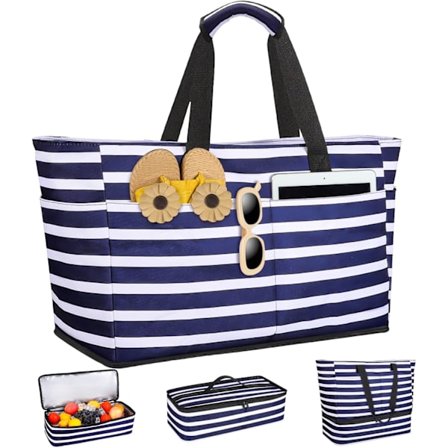 Strandveske med kjøler, 49L Stor Familie Strandveske med Glidelås, Vanntett Sandtett Strandveske for Kvinner og Menn, Sammenleggbar Lettvekt