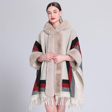 Höst- och vintertrendig cape sjal plus sammet förtjockad pälskrage rutig huva tofs stickad sjal cape