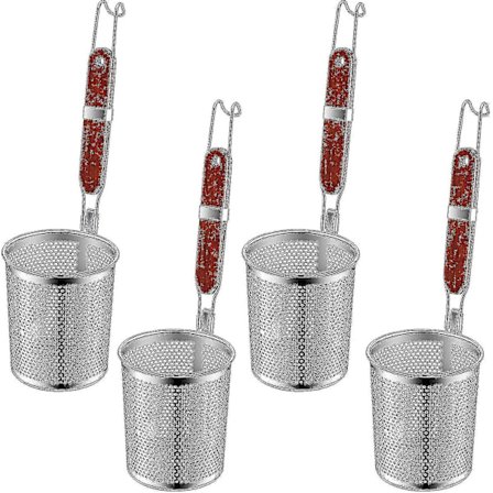 4 st Pasta Korg i Rostfritt Stål med Trähandtag - Köksnät Spider Pasta Sil - Skimmer Mat Dumpling Nudel Sil - Blanchering
