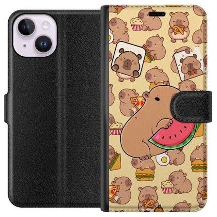 Kompatibelt Plånboksfodral till Apple Apple iPhone 15 Söt capybaror njuter av vattenmelon pizza och popcorn i en varm och lekfull design som sprider