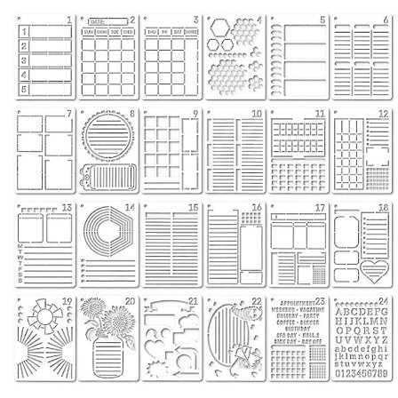 24 stk. Journal Stencil Planner Sæt, Ultimative Produktivitets Stenciler til A5 Prikkede Journaler, Tidssparende