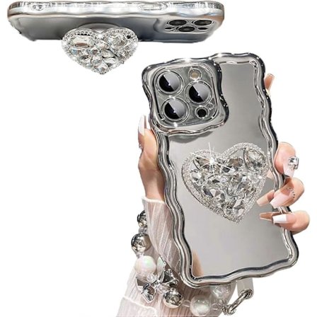 Silverhjärtformat diamantstativ för iPhone-skal (för iPhone 13).