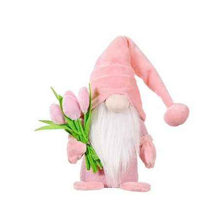 Vårnisse pyntet med tulipanbukett, vårdekorasjon, håndlaget plysjdukke uten ansikt