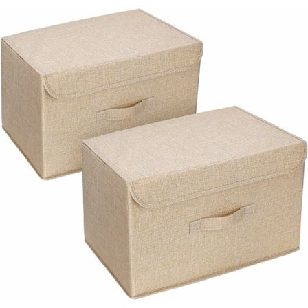 Set med 2 tygförvaringslådor med lock, hopfällbara förvaringskorgar med lock och handtag för bred garderob beige