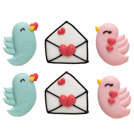 Sukkerdekorationer Lovebirds/Kuvert 6-pak