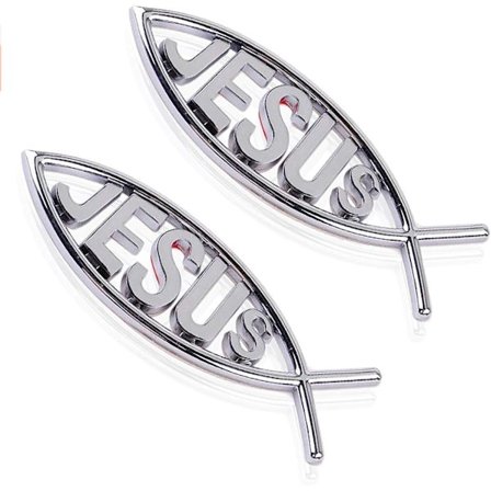 2st Jesus Fish Decal Sticker Silver, 3D Car Chrome Decal Emblem Sticker Religious God for Jesus Fish Christian Symbol