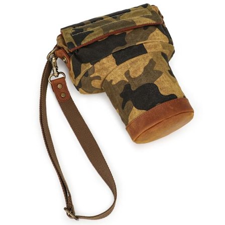 Lehmännahkainen, iskuja vaimentava, pudotuskestävä olkalaukku Canon-, Nikon- ja Sony-kameroille (Camouflage Yellow)