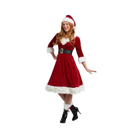 Joulupukinkrouvin puku, punainen, hameella, hatulla, vy ll ja nilkkarenkailla