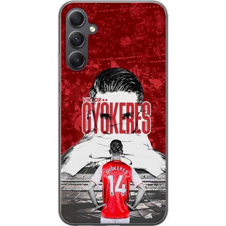 Yhteensopiva Puhelinkuori Samsung Galaxy A25 Punainen dramaattinen kollaasikuva, jossa esiintyy Viktor Gyökeresin muotokuva ja pelaajia takaapäin aree