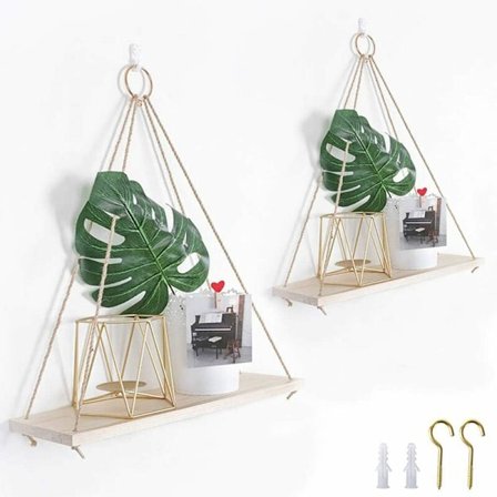 Set med 2 rustika, slitna trähyllor att hänga med rep och krokar