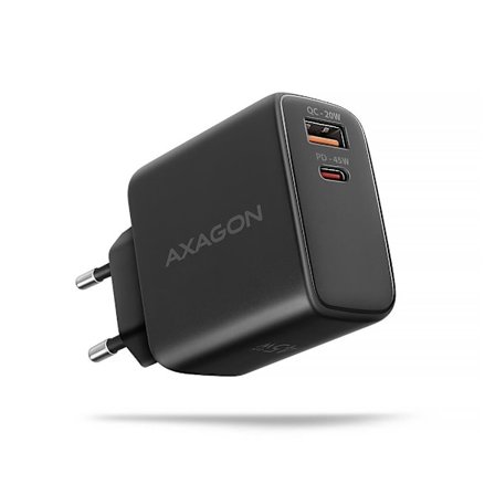 AXAGON, GaN vægoplader 2x port (USB-A + USB-C), PD3.0/PPS/QC4+/SFC2.0/AFC/SCP/FCP/Apple, 45W, ACU-PQ45