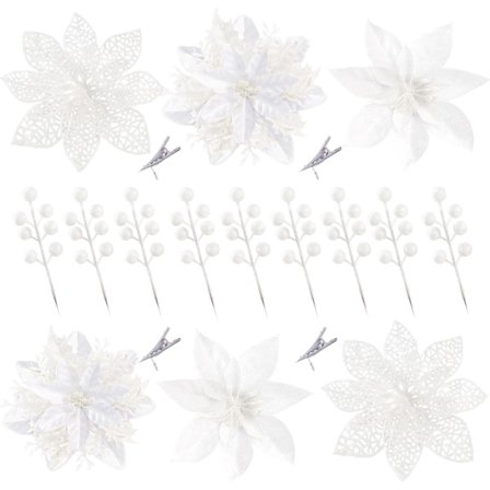 30 stk. 3 Stilarter Juleglimmer Julestjerne Blomster Kunstige Bær Pluk Juletræspynt Kunstige Juleblomster med Clips (Hvid)