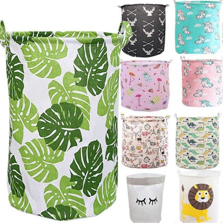 Stor klesvaskkurv oppbevaring, Lett Canvas Rund Gavekurv for Barn, Leker, Klær Vask med Håndtak, Grønne Blader