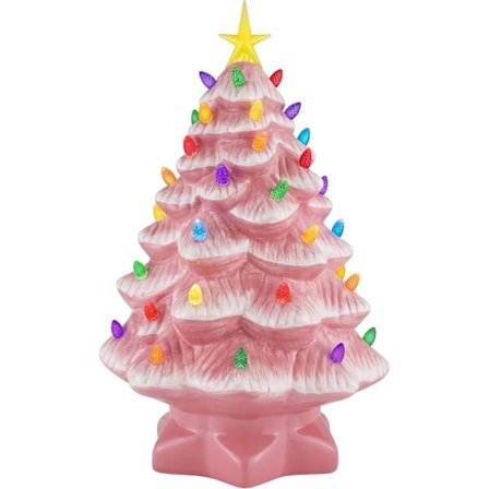 Mr. Christmas Nostalgisk Julgran i Keramik med LED-lampor Inomhusdekoration, 35 cm, Rosa