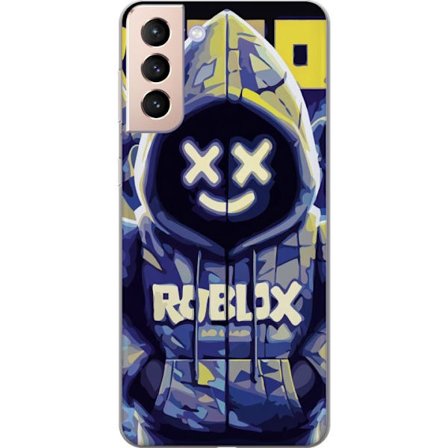 Kompatibelt Mobildeksel til Samsung Samsung Galaxy S21 Blågul Roblox hettegenserfigur med minimalistisk neonstil og masket ansikt, moderne spillillus