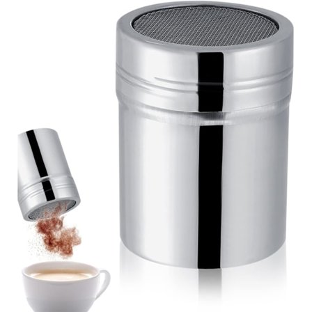 Finmasket sukkerdispenser, melisstrøer, meldrysser, meldrysser i rustfritt stål for kakao, mel, cappuccino, melis