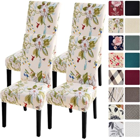 Stoltrekk Sett med 4, Spandex Super Fit Stretch Avtagbart Vaskbart Kjøkken Parsons Beskyttelse, Beige+Blomster