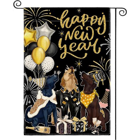 Gott Nytt År Hund Trädgårdsflagga 71x102 cm Dubbelsidig Utomhus, Vinterhelg Rustik Gård [D]