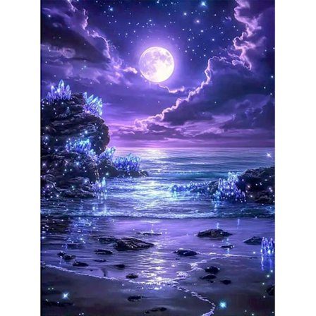 Fullmåne Hav 5D Diamantkunst - Strandscene, Nybegynnervennlig DIY, Akrylperler 30x40 cm