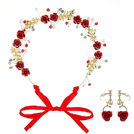 Blomster Hodeplagg Kroner Hodebånd Ørepynt Smykkesett Brud Bryllup Røde tiaraer Hvit Krystall Rhinestone Pearl Hodeplagg Lange Vines Rose Jente 