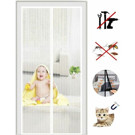 Magnetisk fluenett dør, Anti-flue dørgardin, Selvlukkende, Installasjonssett, Selvklebende stripe 120x220CM Hvit