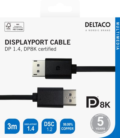 Deltaco DisplayPort cable, 8K, DP 1.4, 3m, black