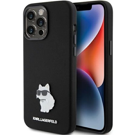 Karl Lagerfeld Silikoni Choupette Metal Pin tapauksessa iPhone 15 Pro - musta