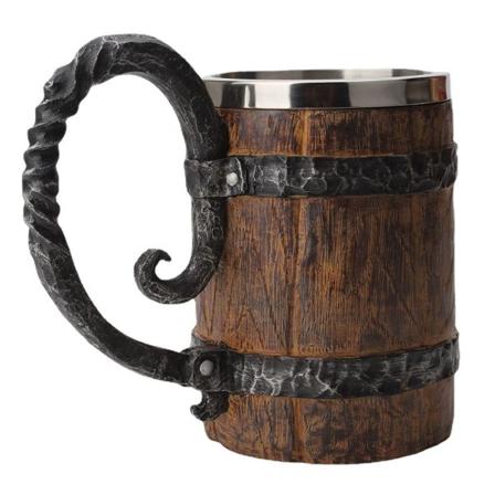 Viking øltankard i tre, laget av rustfritt stål med håndtak, 550 ml, dekorasjon